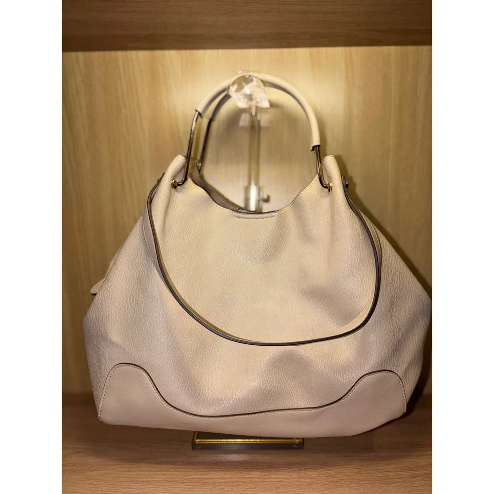 Sondra Roberts Squared Cream Pebbled Vegan Leather Hobo Bag Gold Hardware